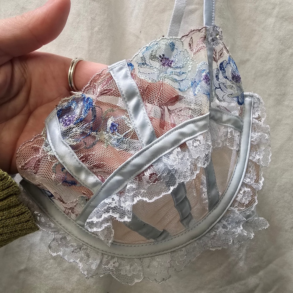 For Love & Lemons Floral Embroidered Sheer Lace Bra Top Light Blue XL - Picture 3 of 10